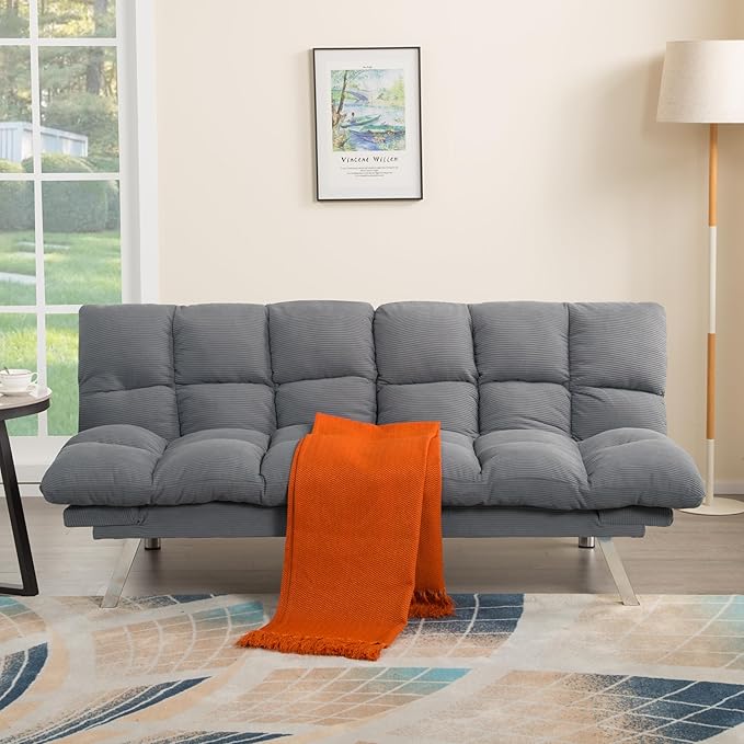 67” Convertible Futon Couch Bed Adjustable Pillow Top Arm Memory Foam Cloud Futons Loveseat Modern Light Gray Corduroy Mini Small Sofa Couches for Living Room