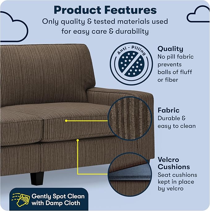 Serta Palisades 78 Track Arm Sofa Easy Care Polyester Soft Pillow Back Pocket Coil Seat Cushions Removable Covers Loveseat or Couch for Small Spaces Living Rooms or Bedrooms Brown