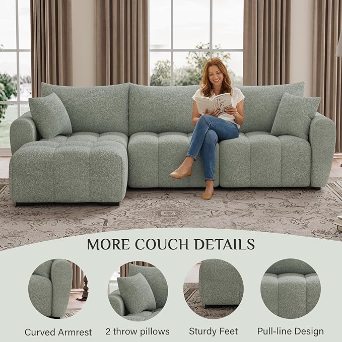 110 L Shaped Modern Boucle Sofa Modular Sectional Cloud Couch with Ottoman Tufted 4-Seat Deep Seat Sofa with Pillows for Living Room Bedroom and Apartment Light Green