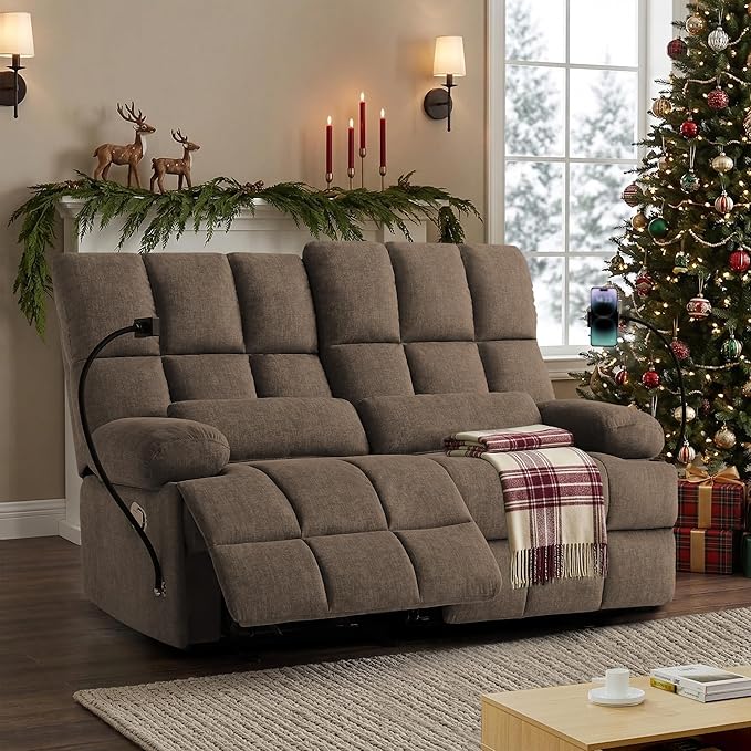 Rocker Recliner-Loveseat Recliner SofaCat-Proof Reclining Loveseat with Phone Holder RV Douber Recliner Sofa for Home TheaterLiving Room (Brown-2 Seater) | Rocker Recliner Phone Holder