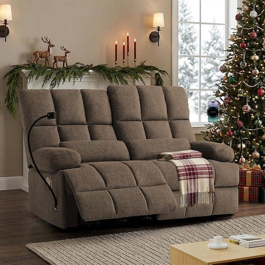 Rocker Recliner-Loveseat Recliner SofaCat-Proof Reclining Loveseat with Phone Holder RV Douber Recliner Sofa for Home TheaterLiving Room (Brown-2 Seater) | Rocker Recliner Phone Holder