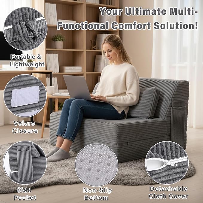 Tiita Folding Sofa Bed with Pillow Memory Foam Fold Out Chair Bed Single Size Convertible Chair Floor Couch &amp Sleeping Mattress Foldable Sleeper Sofa Bed for Guest Room Living Room Grey
