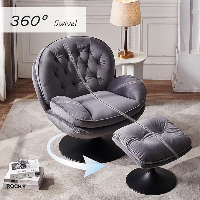 Swivel Accent Chair with Ottoman Set Velvet Modern Lounge Armchair with Metal Base Frame &amp Footrest Comfy Lazy Single Leisure Chair with 360 Swiveling for Living Room/Bedroom/Grey