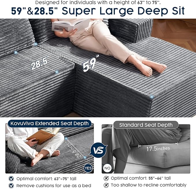 Grey Modular Sectional Couch with 108 L-Shape Chaise Deep Seat Corduroy Sofa Plush Fabric Cloud-Like Couches for Living Room No Assembly Modern Minimalist Furniture (Left Facing Chaise)