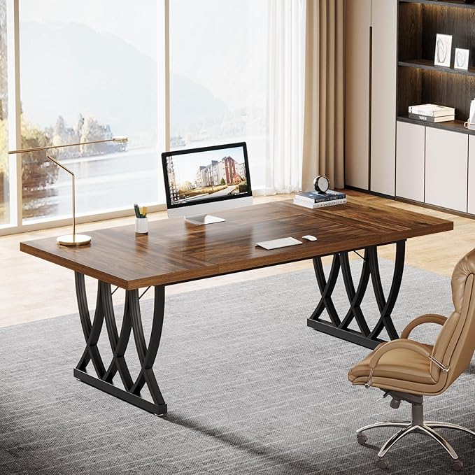 Tribesigns 70.86-Inch Executive Desk Large Home Office Desk Computer Desk with Thick Metal Frame Rectangle Study Writing Table Workstation for Home Office (Retro Brown &amp Black)