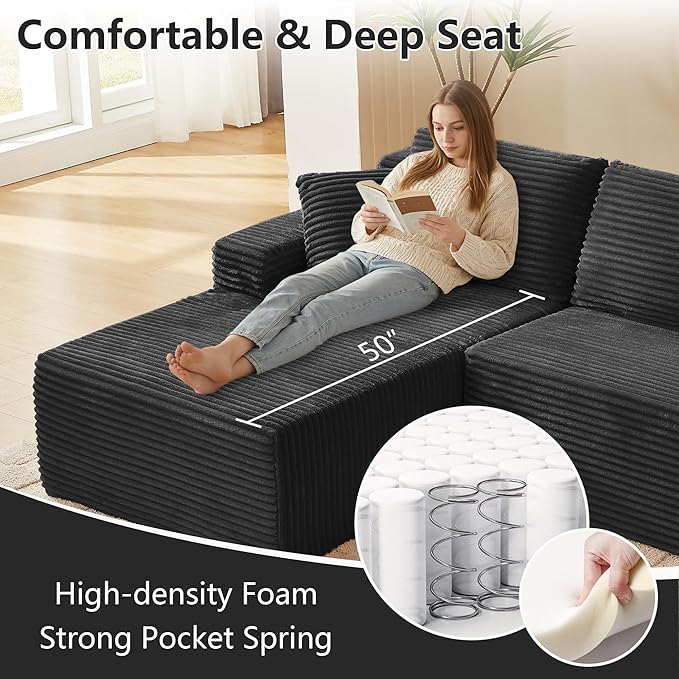 KIVENJAJA 103 Black Boneless Couches for Living Room L-Shaped Cloud Sectional Sofa with Chaise Corduroy Foam Compression Modular Set for Apartment Home Office No Assembly Required