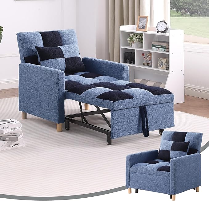 3-in-1 Convertible Chair Bed Single Sofa Bed Pull Out Sleeper with Adjustable Backrest Lounger for Living Room (Blue)