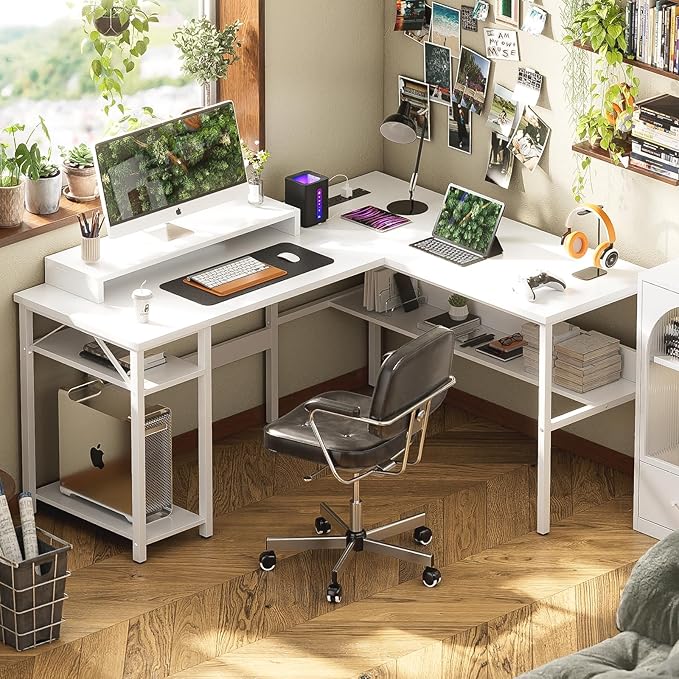 Unikito Reversible L Shaped Computer Desk with Power Outlets and Monitor Stand Sturdy Corner Desk with RGB LED Light and Storage Shelves Modern Work Desk for Home Office Easy to Assemble White
