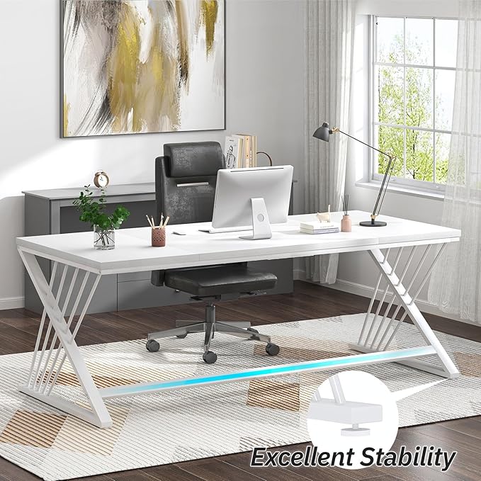 FOLUBAN 70.9 Modern Computer Desk with Z-Shaped Legs Industrial Executive Home Office Desk for 2 Person Large Writing Study Table for Bedroom Gaming Workstation White