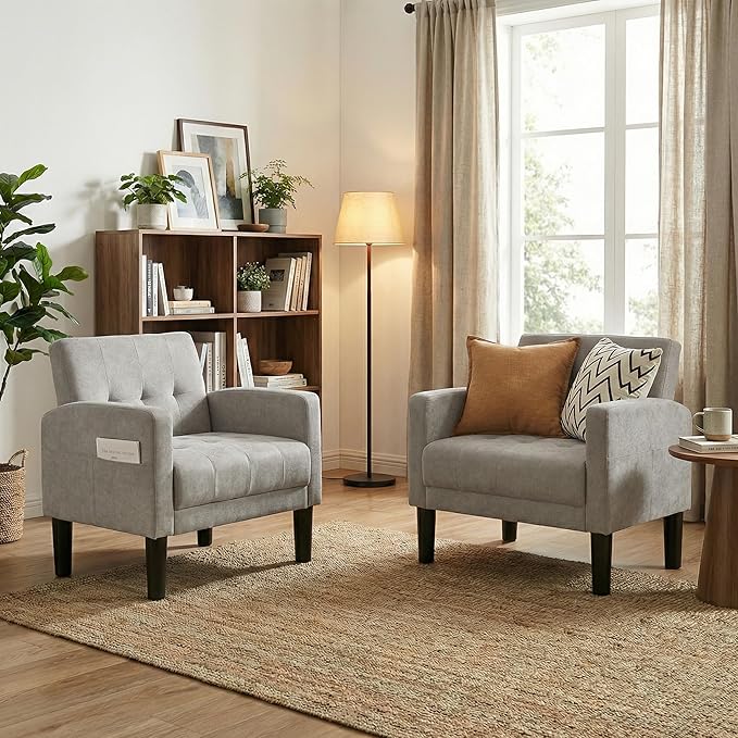 TYBOATLE Accent Chair Sets of 2 Living Room Chairs Cozy Tufted Mid Century Modern Chairs with Arms for Bedroom Comfy Reading Arm Chair Small Chairs for Small Spaces Living Room Office (2 Light Grey)