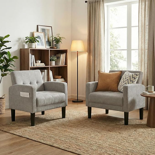 TYBOATLE Accent Chair Sets of 2 Living Room Chairs Cozy Tufted Mid Century Modern Chairs with Arms for Bedroom Comfy Reading Arm Chair Small Chairs for Small Spaces Living Room Office (2 Light Grey)