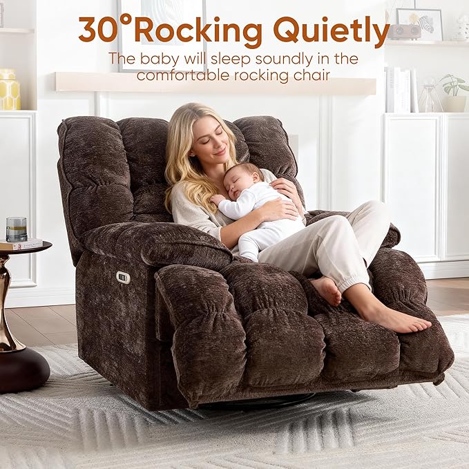 Oversized Swivel Power Rocker ReclinerElectric Recliner Chairs for AdultsExtra Wide Seat ReclinersUpholstered Nursery Reclining Glider ChairSwivel Chairs for Living RoomBrown