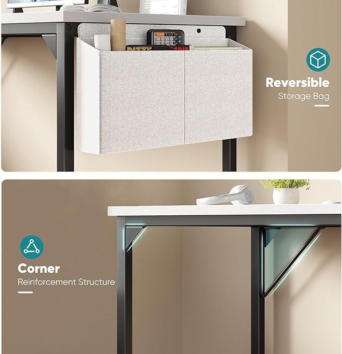 OLIXIS Computer Desk 63 Inch Home Office Desks for Small Spaces Gaming Writing Study Work Table with Storage Bag and Headphone Hook for Bedroom White