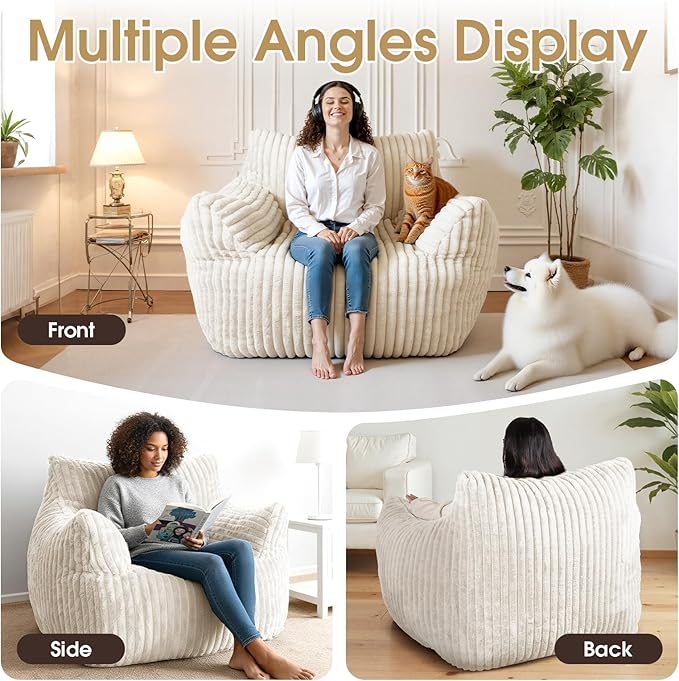 Giant Bean Bag Chair with Ottoman Oversized Plush Comfy Bean Bag Sofa for Adults and Kids Memory Foam Mini Couch Single Lounges for Living Room Bedroom &amp Game Room(Beige)