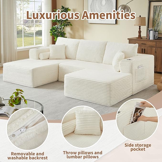 Kiztir 107 Boneless Couches for Living Room Corduroy Cloud Couch with Cup Holder and Pillows Convertible Deep Seat Sectional Sofa with Ottoman No Assembly Required (Beige) | Free Combination Wide