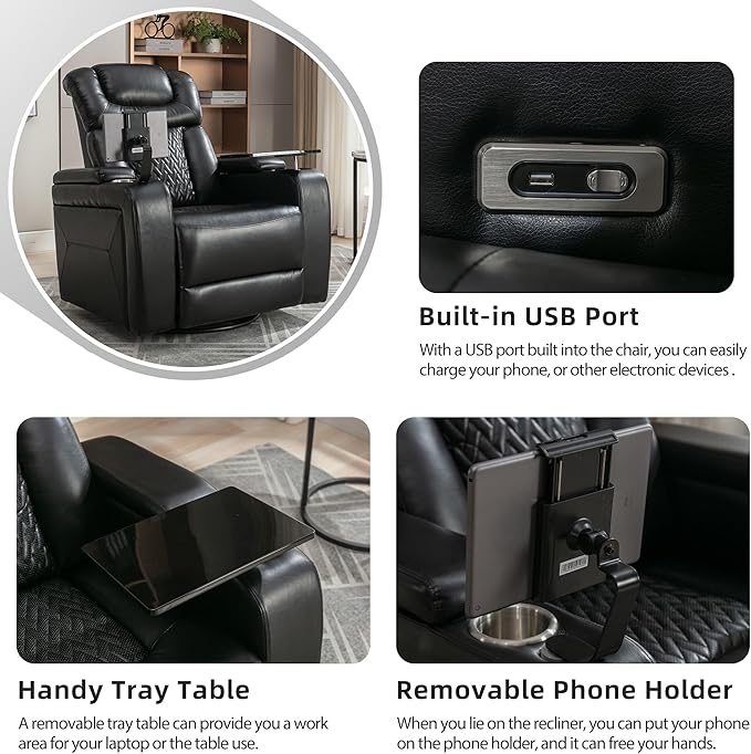 270 Degree Swivel Chair PU Leather Power Recliner Individual Seat with Comforable Backrest Tray Table Phone Holder Cup Holder USB Port Hidden Arm Storage for Living Room Home Theater Black
