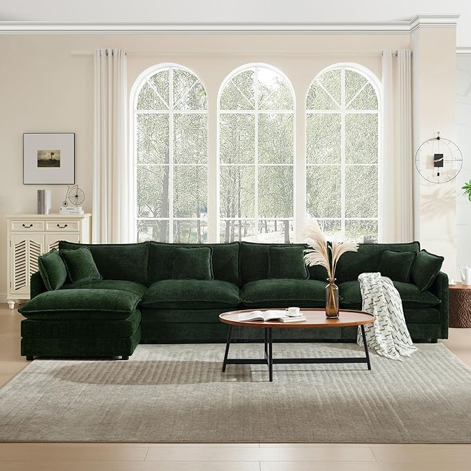 146.5 Convertible L Shaped Sectioanl Couch deep Cloud sectional Sofa with Movable OttomanGreen