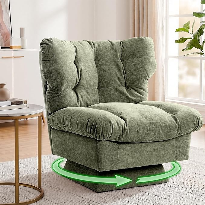Oversized Chenille Swivel Accent Chair for Living Room – Cozy Upholstered Reading Chair Thick Cotton Cushion 360° Rotating Barrel Chair 300lb Capacity Green