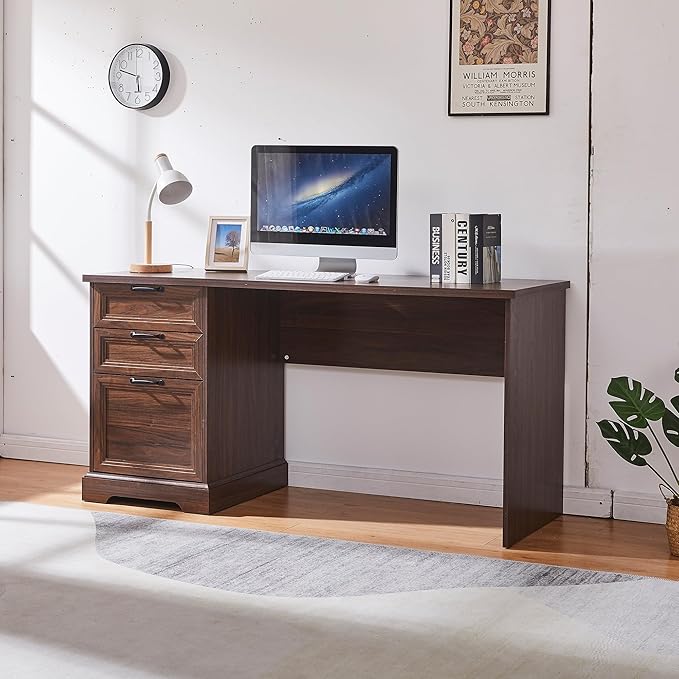 60 Farmhouse Executive Desk with Charging StationHome Office Desk with 2 Drawers &amp1 File CabinetFluted Computer Desk for Office and Home (Walnut)