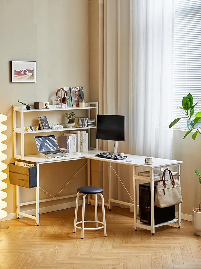 94.5 Inch Home Office Desk L Shape Gaming Desk with Storage Shelves and Stool