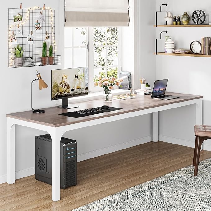 78 Two Person Computer Desk with Drawers Long Double Home Office Desk with with Storage Shelves Large Gaming Study Writing Table Workstation for Office (White+Oak)