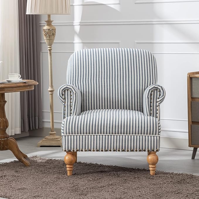 Linen Accent Chairs Set of 2 Mid-Century Modern Living Room Armchair with Nailhead Trim &amp Wood Legs Comfy Upholstered Single Sofa Chair for Lounge/Bedroom/Reception Blue Stripe