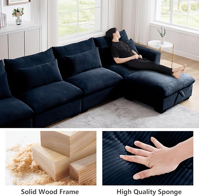 Corduroy Deep Seat Upholstered Couches Ottoman for Oversized Modular Sectional Sofa Storage Blue