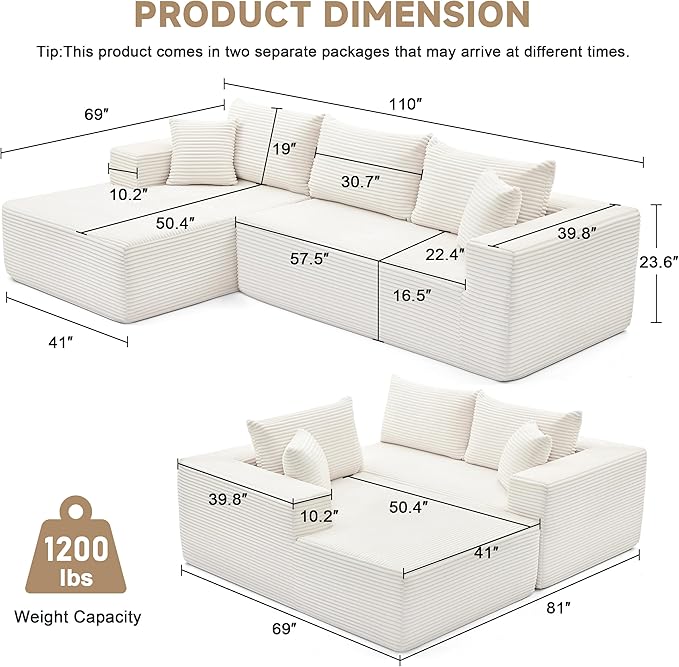 110 Inch Cloud Sectional Couch Modular Sectional Sofa with Deep Seat Boneless Sofa for Living Room Fluffy Comfy Couch with L-Shaped Chaise Beige