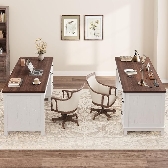 IDEALHOUSE Rustic Wood Double Desk with Built-in Charging Station &amp 4 File Drawers Spacious 2-Person Writing Table for Home Office Heavy-Duty Dual Workstation for Study &amp Work White and Bro