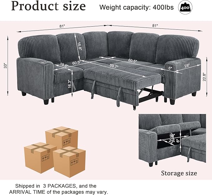 KEIKI 81 L-Shaped Oversized Corduroy Modular Sectional Sleeper Sofa with Pull-Out Bed Storage Seat Modern 5-Seater Upholstered Couch Bed with Charging Station Easy Assembly for Living Room Grey