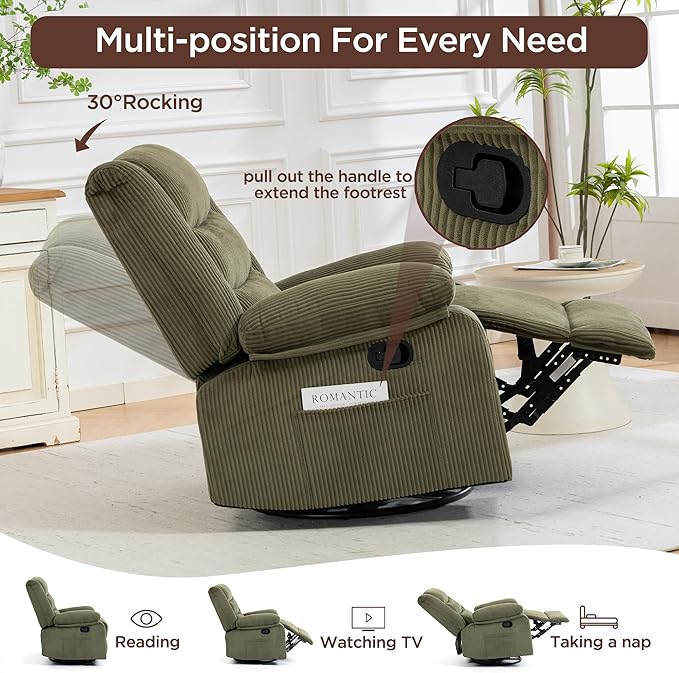 360° Swivel Rocker Recliner Chair for Adults Manual Reclining Chair with Comfortable Arms and Back Upholstered Glider Rocking with Side Pockets for Living Room Bedroom Corduroy Green