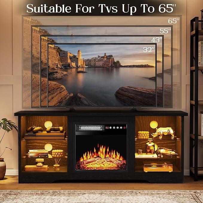 VITESSE 58 Inches Fireplace TV Stand for TVs up to 65 Inches Console with 18'' Electric Fireplace &amp RemoteWooden Modern Entertainment Center for Living Room with LED Light Glass Shelves（Black）
