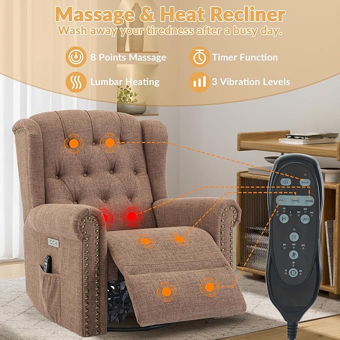 Power Swivel Rocking Glider Recliner Chair Electric Nursery Reclining Sofa Chair with Heat and Massage Wingback Tufted Upholstered Recliner for Living Room USB and Type-C Ports Brown
