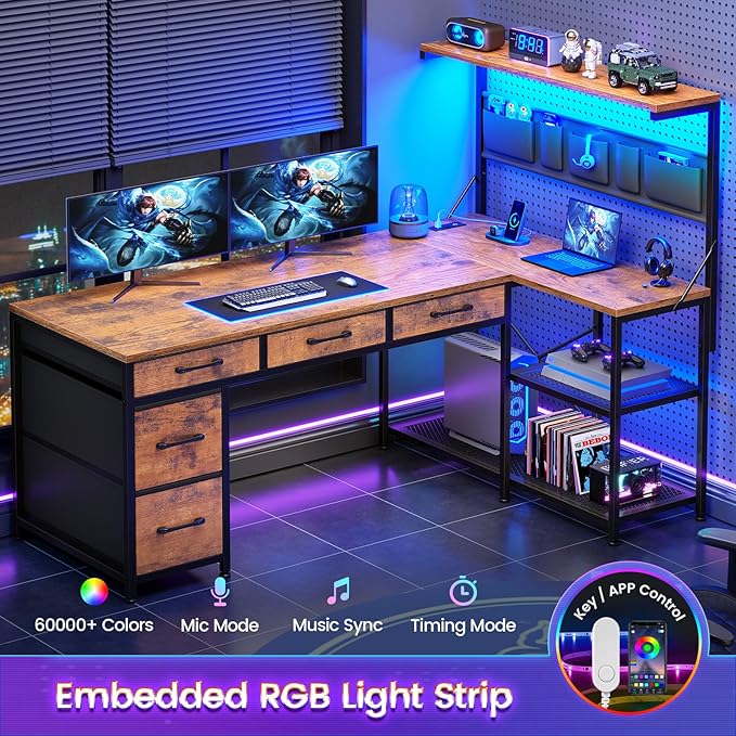 Itaar L Shaped Desk with 5 Drawers and Storage Shelves Reversible Computer Desk with Bookshelf for Home Office Corner Gaming Desk with LED Lights Power Outlets and Storage Bad Rustic Brown