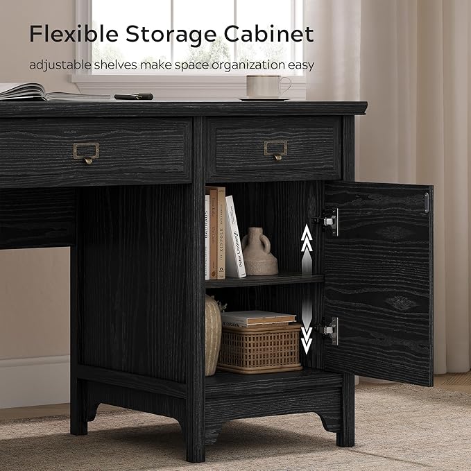 55 Farmhouse Executive Desk Solid Wood Painted Home Office Desk with Charging Station 5 Drawers Storage Cabinet Computer Writing Table for Work Study Writing Black