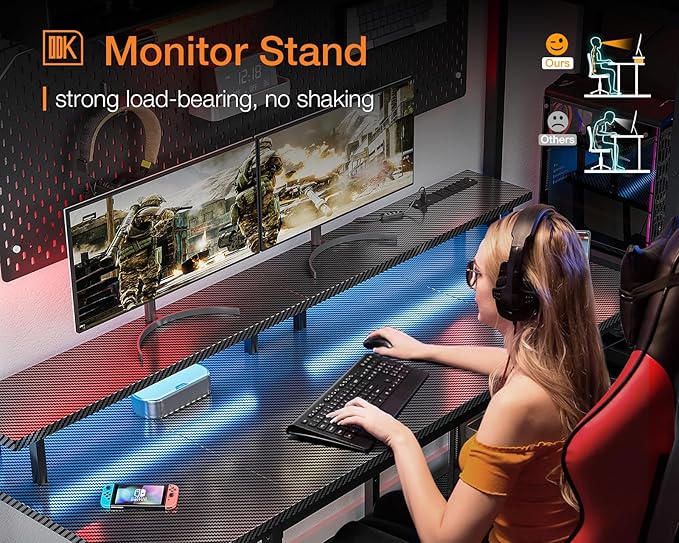 ODK 55 inch Computer Desk with Power Outlets &amp LED Lights Gaming Desk with Monitor Stand &amp Storage Sheves Home Office Desk Carbon Fiber Black