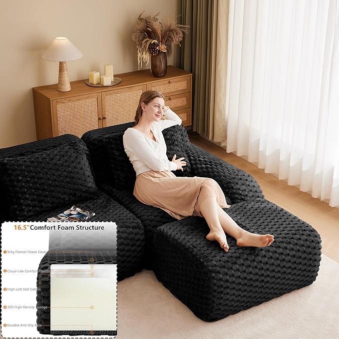 Cloud Sectional Couches for Living Room Boneless Couch Modular Sectional Sofa Modern Deep Seat Sofa with Pillows 4 Seater Comfy Floor Couch for Bedroom No Assembly RequiredBlack