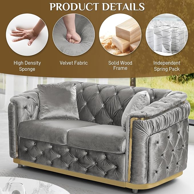 Luxury Velvet Chesterfield Sofa 62.6 Grey and Gold Sofa Mid Century Modern Loveseat Couch for Living Room Tufted Sofas with Gold Legs Rolled Arms Grey