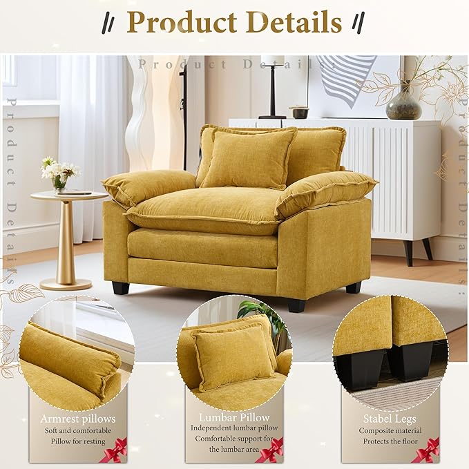 URRED Modular Sectional Sofa Comfy Cloud Couch Modern Chenille Sofa Sleeper Deep Seat Couches with Ottoman/Pillows for Living Room (Yellow 53'')