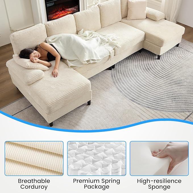 Mjkone 112 Width 4 Seater U Shaped Sofa Couch with Double Chaises Corduroy Sectional Living Room Sofa Couches with Sleepable Armrest Sleeper Sofas Couches Set for Living Room Sets Furniture Beige