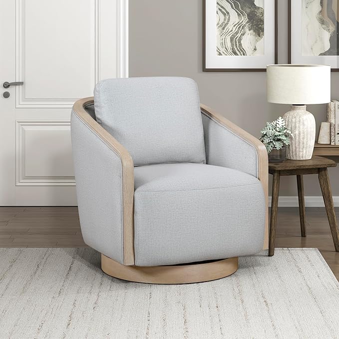 Lexicon Modern Swivel Accent Chair with Light Oak Ceruse Bentwood Base Textured Fabric Upholstered Lounge Chair Reversible Back Cushion for Living Room/Bedroom/Office Fully Assembled Gray
