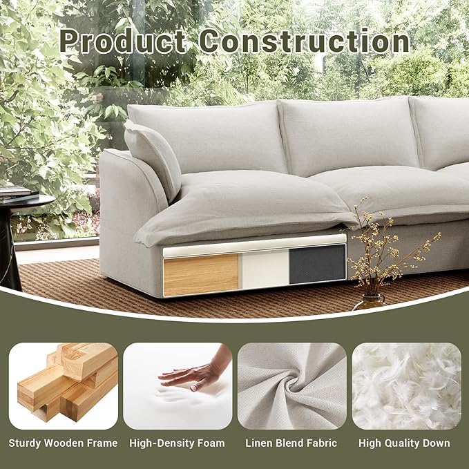 Linen Blend Cloud Couch Sectional for Living Room Comfy Down Filled Cloud Modular Sectional Sofa Modern Convertible Deep Seat Modular Couch Sleeper Sofa Bed Removable &amp Washable Covers