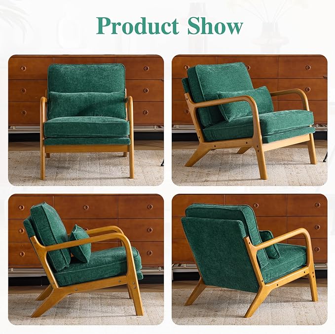 Karl home Mid Century Modern Accent Chair with Lumbar Pillow &amp Oak Arms – Plush Chenille Living Room Chair for Bedroom Lounge (Dark Green)