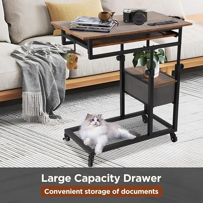 FAHKNS Adjustable C Table with Charging Station Tiltable Desk C Shaped End Table for Couch Over Bed Table with Wheels Adjustable Height Hospital Laptop Stand Drawing Desk