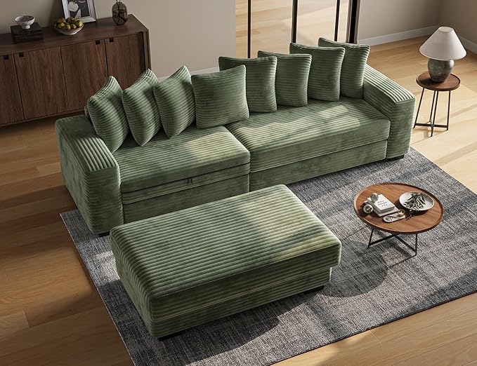 110 Modular Sectional Sofa L Shaped Couch with Chaise Lounge Fluffy Corduroy Cloud Couch with Deep Seat for Living Room (Green)
