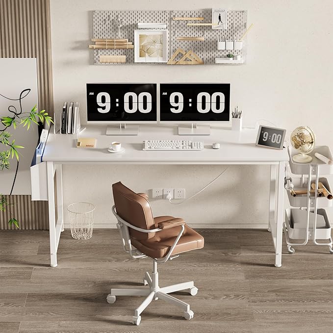 Lufeiya White Computer Desk with Power Outlet 55 inch Teen Study Table Home Office Work Writing Gaming Desks with Charging Station Outlets Built in White