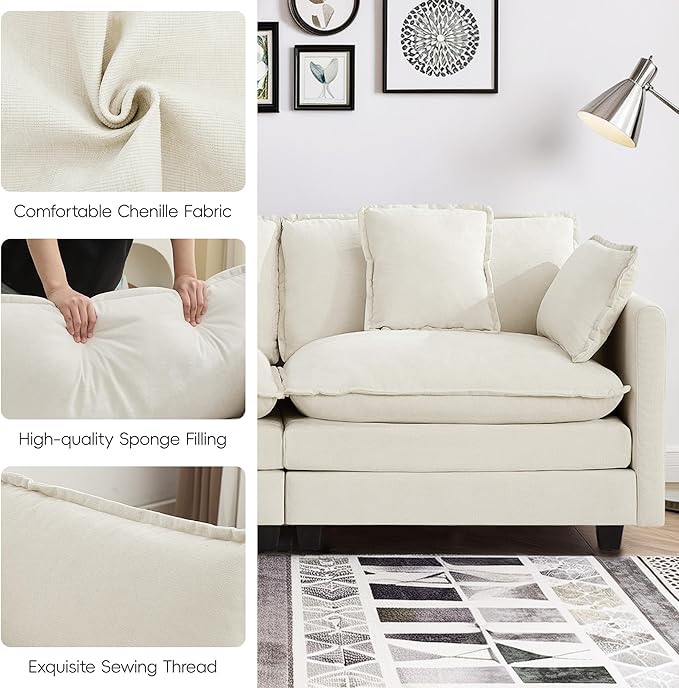 4-Seater Cloud Couch with 2 Ottomans Extra-Large Modular Sectional U Shaped Sofa with Deep Seat Cushions Chenille Couch for Living Room Beige