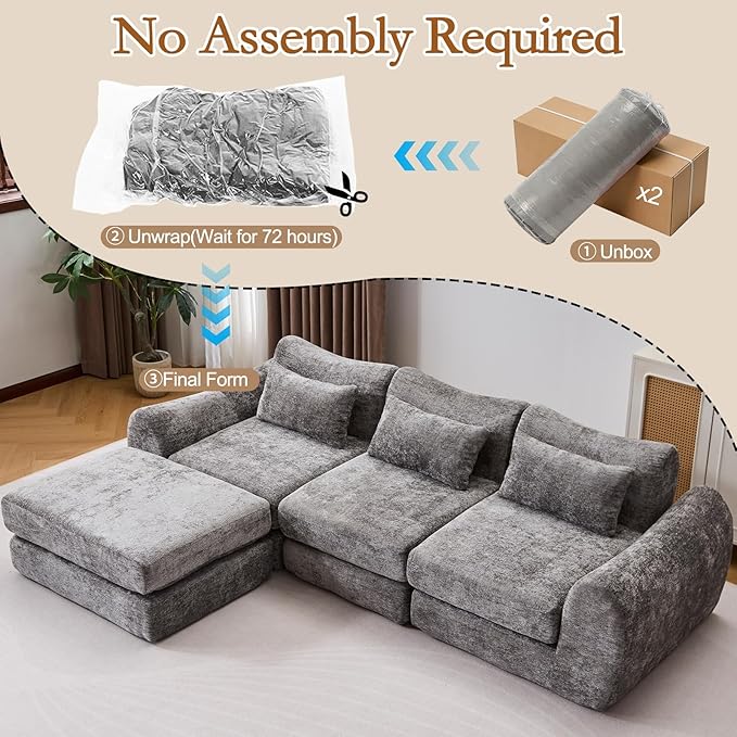 105” Modular Sectional Sofa Convertible Sofa BedTransforms into Single or Double Sofa Chenille Fabric Cloud SofaModern Soft Boneless Comfort No Assembly Required Grey