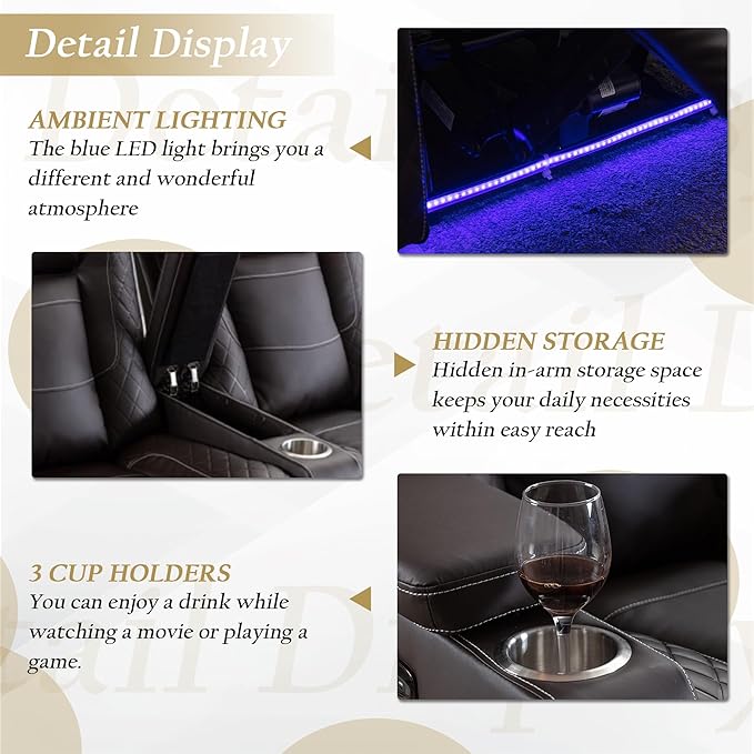 TUNYI Home Theater Recliner Chair - Power Recliner Sofa Chair with Adjustable Headrest Faux Leather Reclining Chair with USB/Storage/LED Light/Cup Holder (Brown 2 Seat)