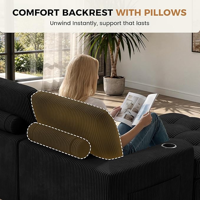 112 L Shaped Cloud Boneless CouchModern Modular Sectional Sofa with Layered CushionNo Assembly Convertible Corduroy Couches for Living RoomBlack 1 PCS